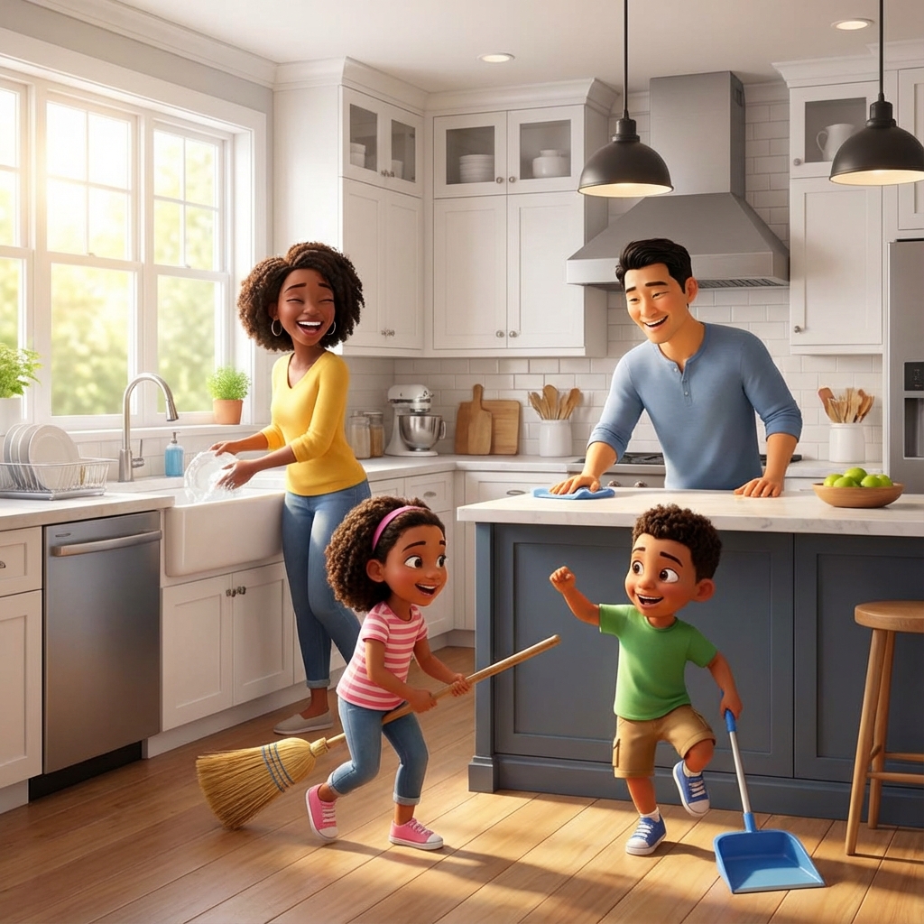 Happy family doing chores